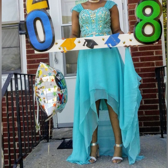 Formal blue dress with sheer cap sleeves by Sally USA in a size medium - Picture 4 of 4